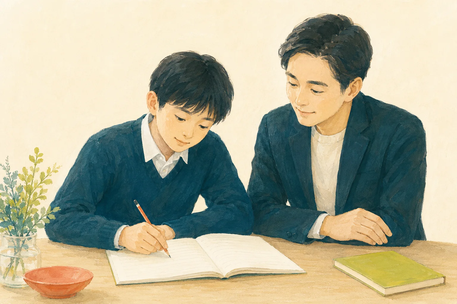 自分で問題に取り組む生徒と、そばで見守る講師のイラスト